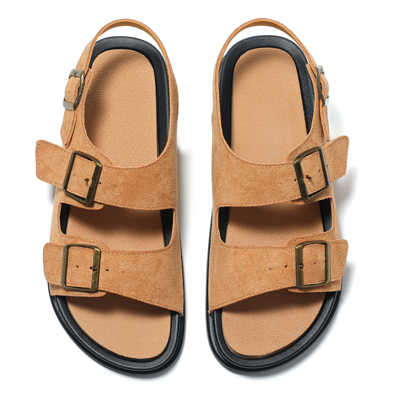 Free shipping summer men's sandals wearing metal buckle abrasive leather soft sole non-slip casual slippers men 2025 new black camel color