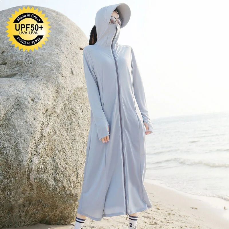 Xpqbb Summer Sunscreen Long Coat Women Breathable Anti-UV Outdoor Sun Protection Clothing Casual Simple Solid Ice Silk Outwaer 250411