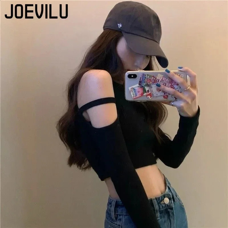 JOEVILU Hollow Top Shoulder Sexy Long Sleeve Tshirt Womens Korean Harajuku High Waist Tight Bottom Shirt 250407