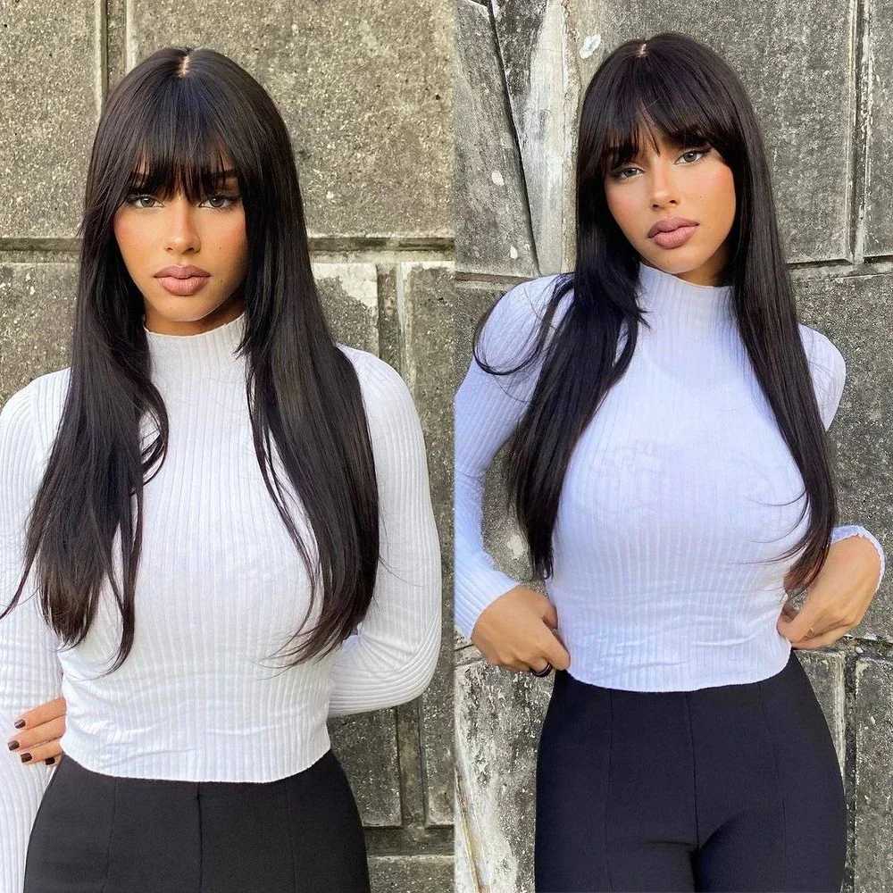 Straight Layered Cut Wigs with Bangs HD Lace Fake Scalp Synthetic Natural Layered Lace Wig For Women Glueless Heat Resistant WigT251111