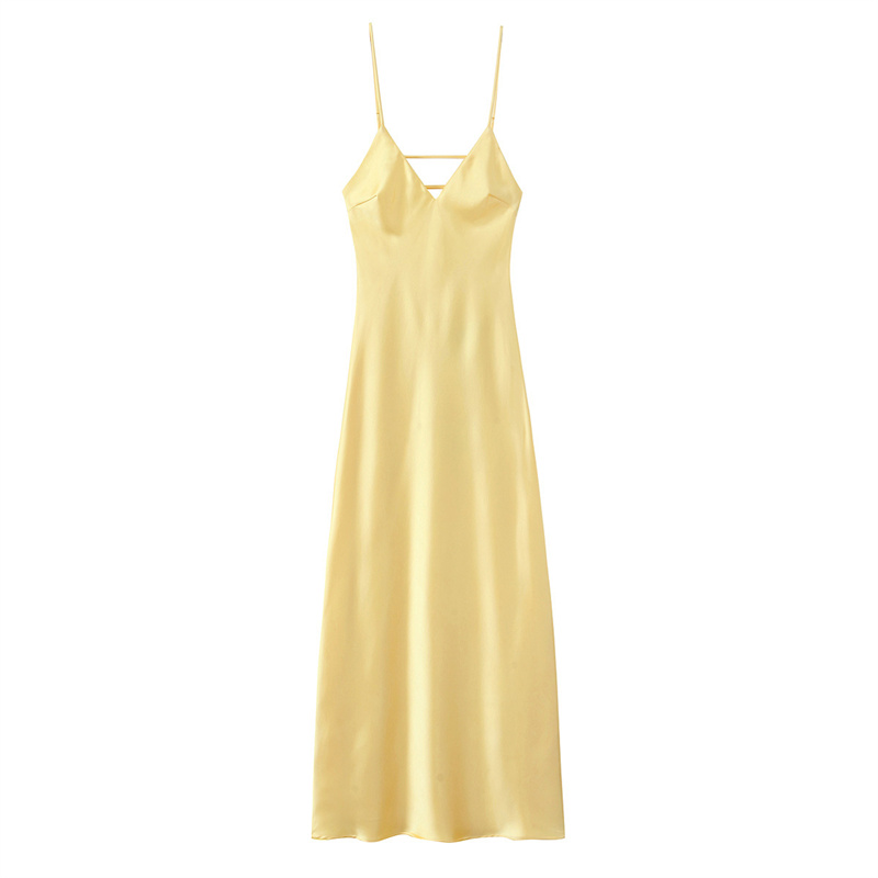 2025 spring/summer casual new women's sexy backless slim fit silk satin texture MIDI dress solid color versatile