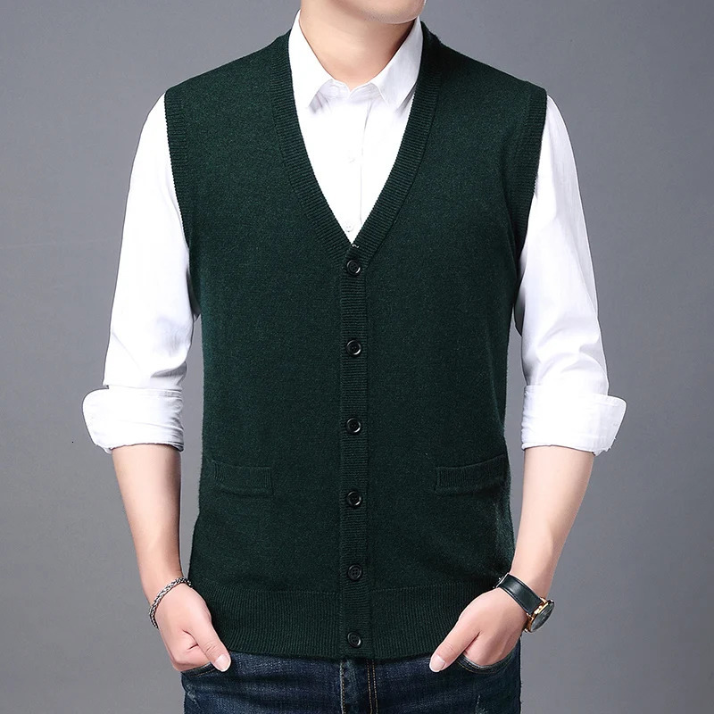Men Wool Blended Vest Sweater Sleeveless Button Knitted Jacket 2023 Mens Vneck Cardigan Solid Color Winter Warm Top 251104