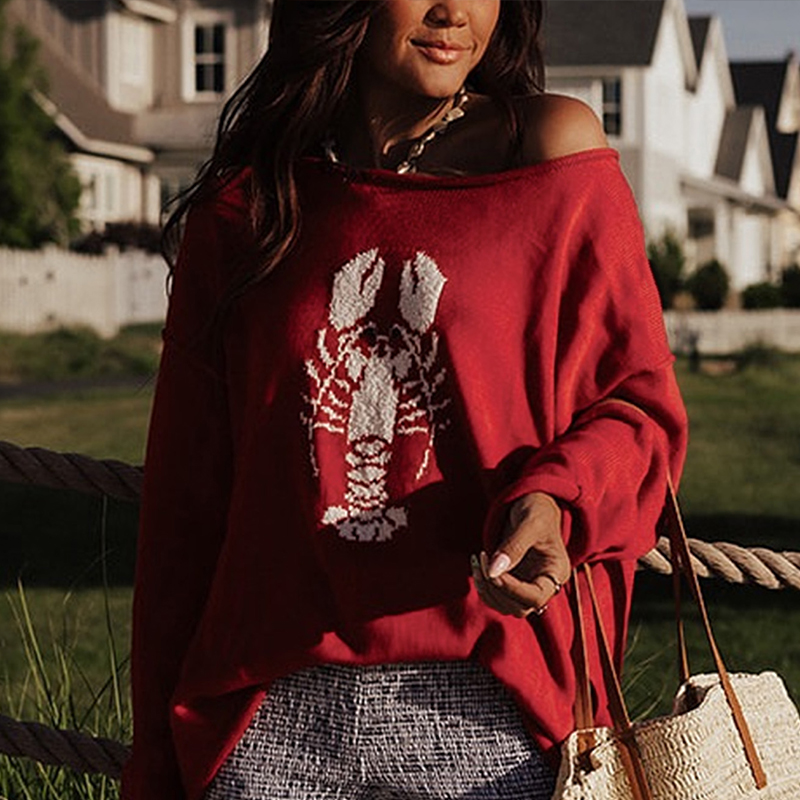 Women's multi-color lobster print sweater, off-the-shoulder long-sleeved top, troffice outfits for women, outerwear, christmas outfit for women--