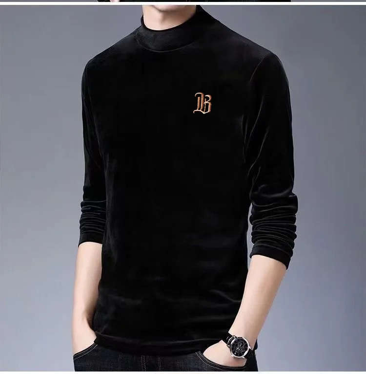 2025 Velvet Thickening Embroidery Golden Fleece Sweater Minimalism Pure Color HalfHighCollar Top TShirt 251104