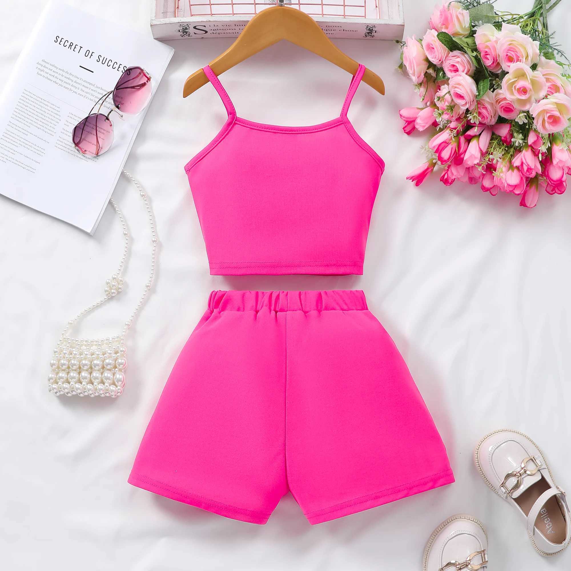 Summer Childrens and Girls Clothing Set Rose Red with Tank Top and Shorts 2-piece Vacation Fashion Preschool Clothing Casual Girls Set 3 4 5 6 7 Years