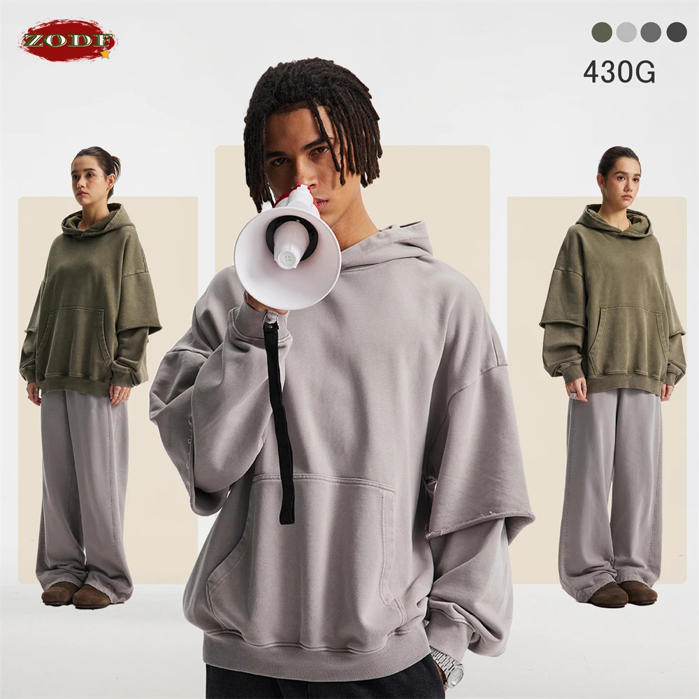 ZODF Autumn Mens Washed Heavy Weight Cotton Hoodies Unisex Retro 2 Peice 430gsm Loose Edge Hooded Pullovers HY1082 251110