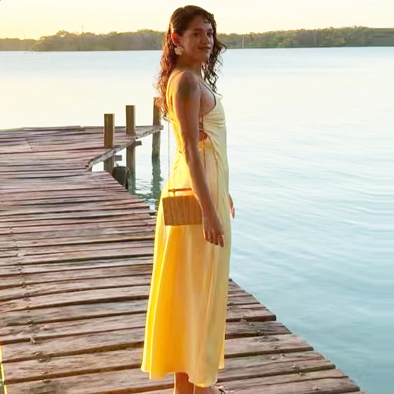 TRAF Yellow Dress Summer Dress For Women Satin Backless V Neck Midi Dresses Elegant Evening Party Dress 2025 Holiday Strap Dress 250410