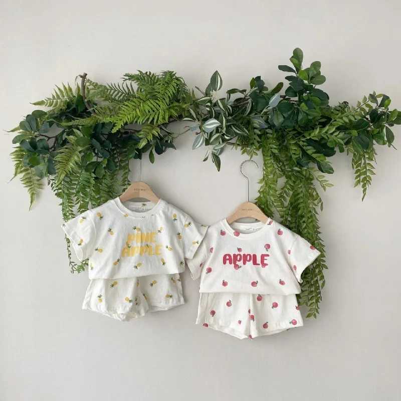 2 pieces of summer baby girl clothing childrens short sleeved set thin cotton fruit printed short sleeved T-shirt set childrens fashionable T-shirt pa