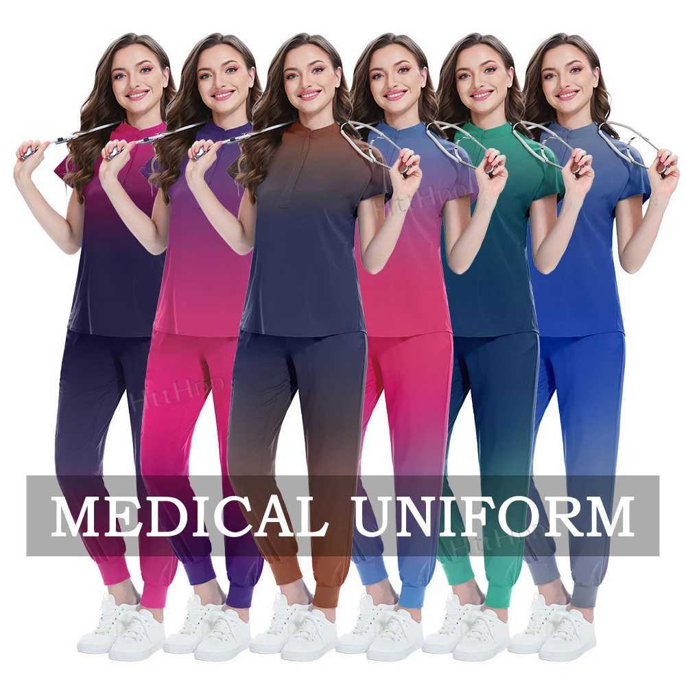 Niaahinn Scrub Hospital Medical Nurse Scrubs Top Pants Sets Unisex Womens Beauty Sn Gradient Color Scrubs Uniforms X2505281
