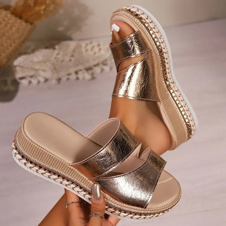 Summer Fashion Roman Open Wedge Sandals for Women Plus Size 43 Gold Thick Bottom High Heel Slippers 250408