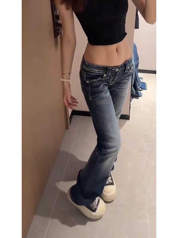 Retro Miss Me Boot Cut Jeans Female Y2K New Blue Jeans Embroidered Wing Pocket Hip Hop Harajuku Gothic Wide Pants Street Wear L251017