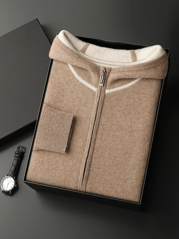 Thick Air Layer Mens Hooded Cashmere Sweater Cardigan Autumn Winter Casual Zippers Long Sleeve Tops Warm 100 Knitwear 251030