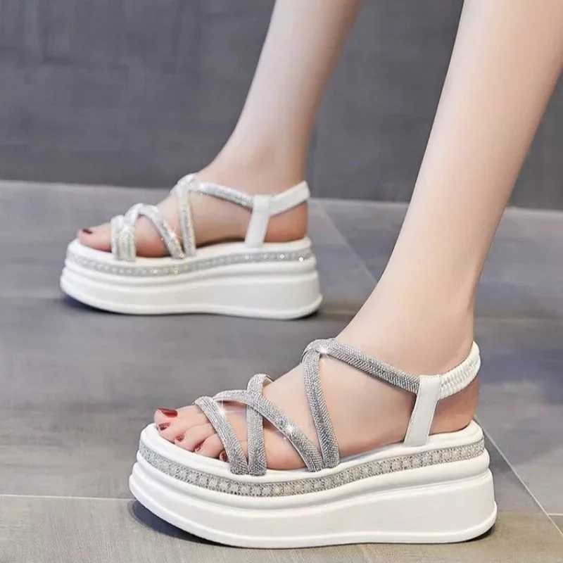 Hot womens platform shiny sandals new summer 7.5CM high heels womens crystal wedge beach walking shoes slippers sandalsXJ250410