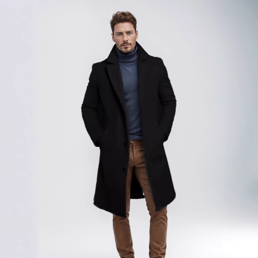 Fashion 2025 New British Style Single-Breasted Thickened Wool Coat for Men, Mid-Length Solid Color Autumn Winter Woolen Suit Collar Coat, Warm Youth C