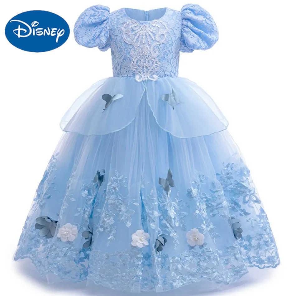 Disney 2025 New Cinderella Role Playing Dress Lace Blue Princess Dress Girl Carnival Halloween Birthday Party Blue Dress+AccessoriesXJ250411