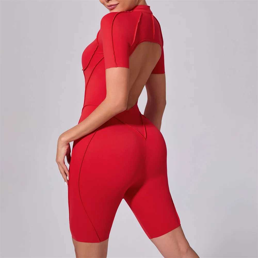 Yoga mat jumpsuit short sleeved zipper sportswear gym fitness sportswear womens running sportswear yoga clothingW250411