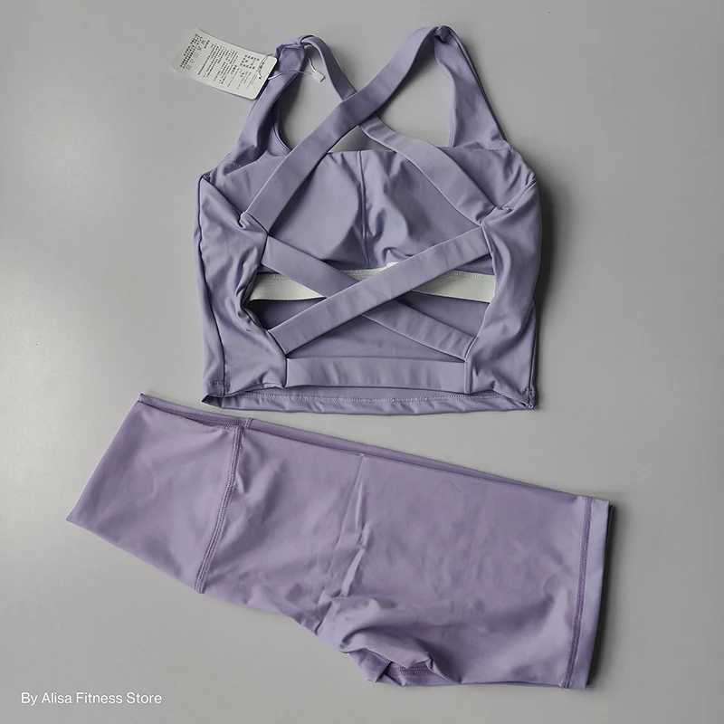 2PCS womens yoga set exercise bra set sportswear fitness suit long sleeved crop high waisted shorts sportswearW250411
