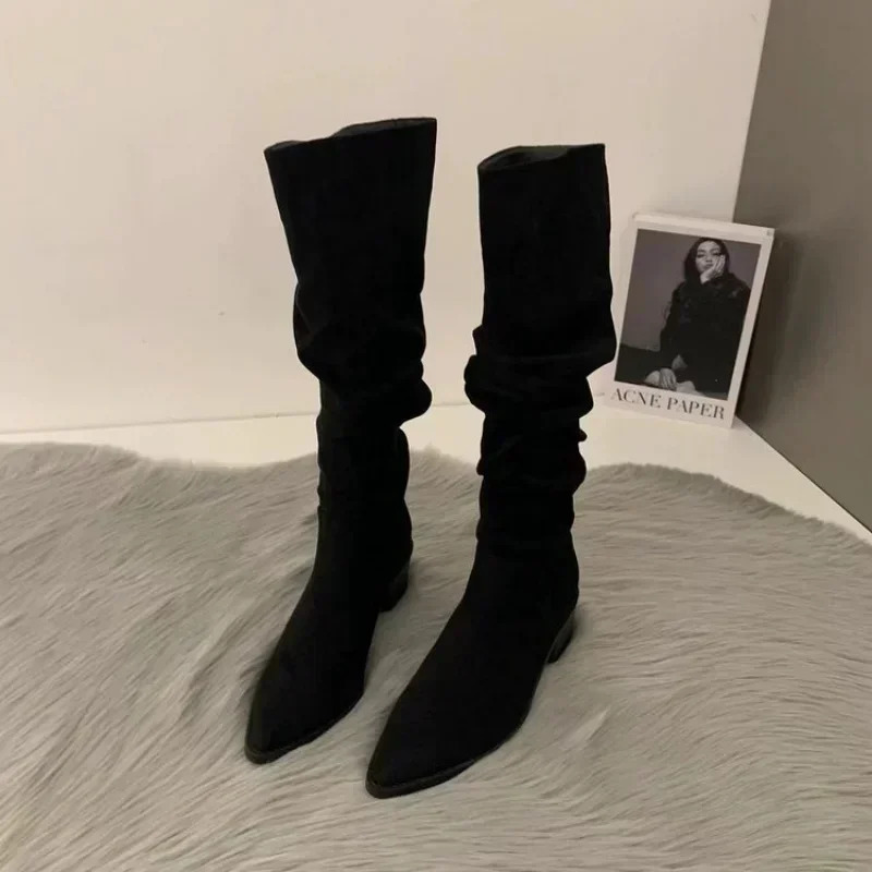 Women Knee High Boots Autumn Winter Female Shoes Fashion Female Slip-on Folds Low Heel Round Toe Flat Long Boots Botas De Mujer 251110