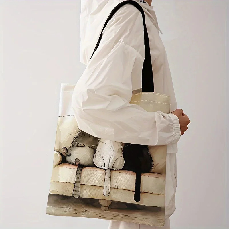 Cartoon Fluffy Three Kittens Pattern Print Casual Tote Bag Single Shoulder Shopping Reusable Fashion Backpack Handbag 251110