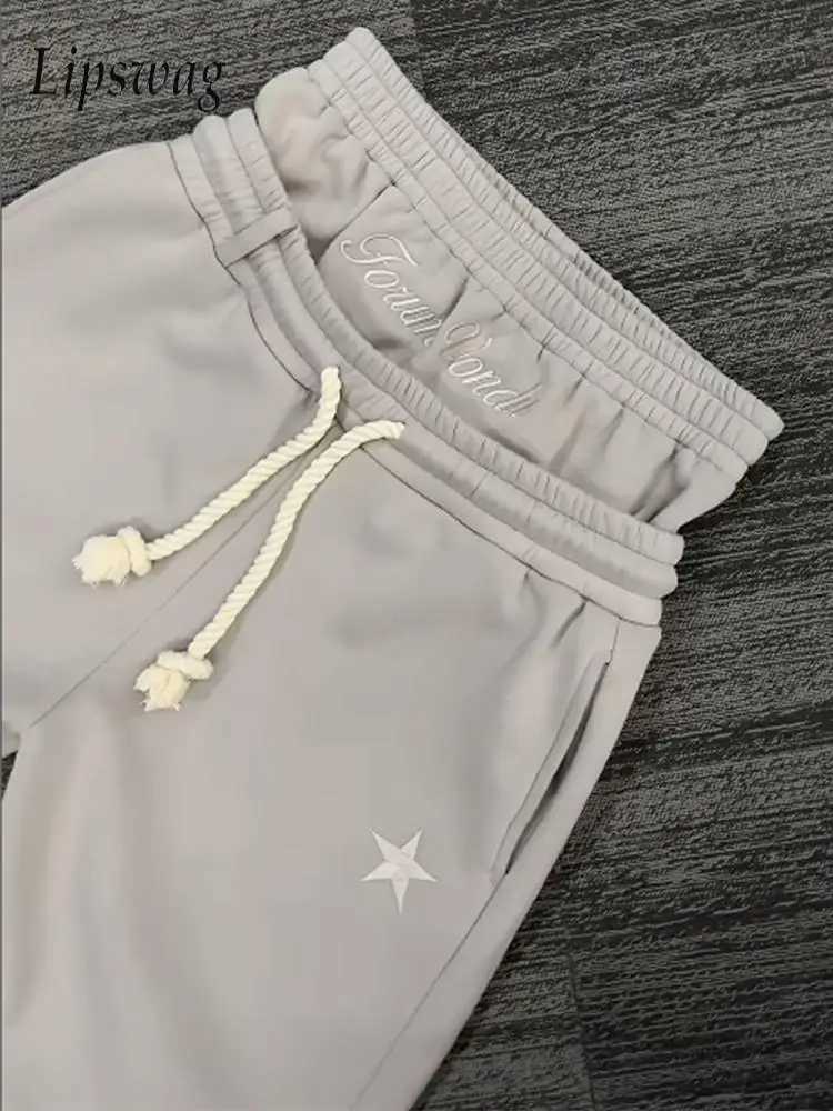 Vintage Y2K Star Embroidery Sweatpants Mens 2025 Summer Fashion Drawstring Loose Straight Pants Men Casual Double Waisted PantsXJ250904