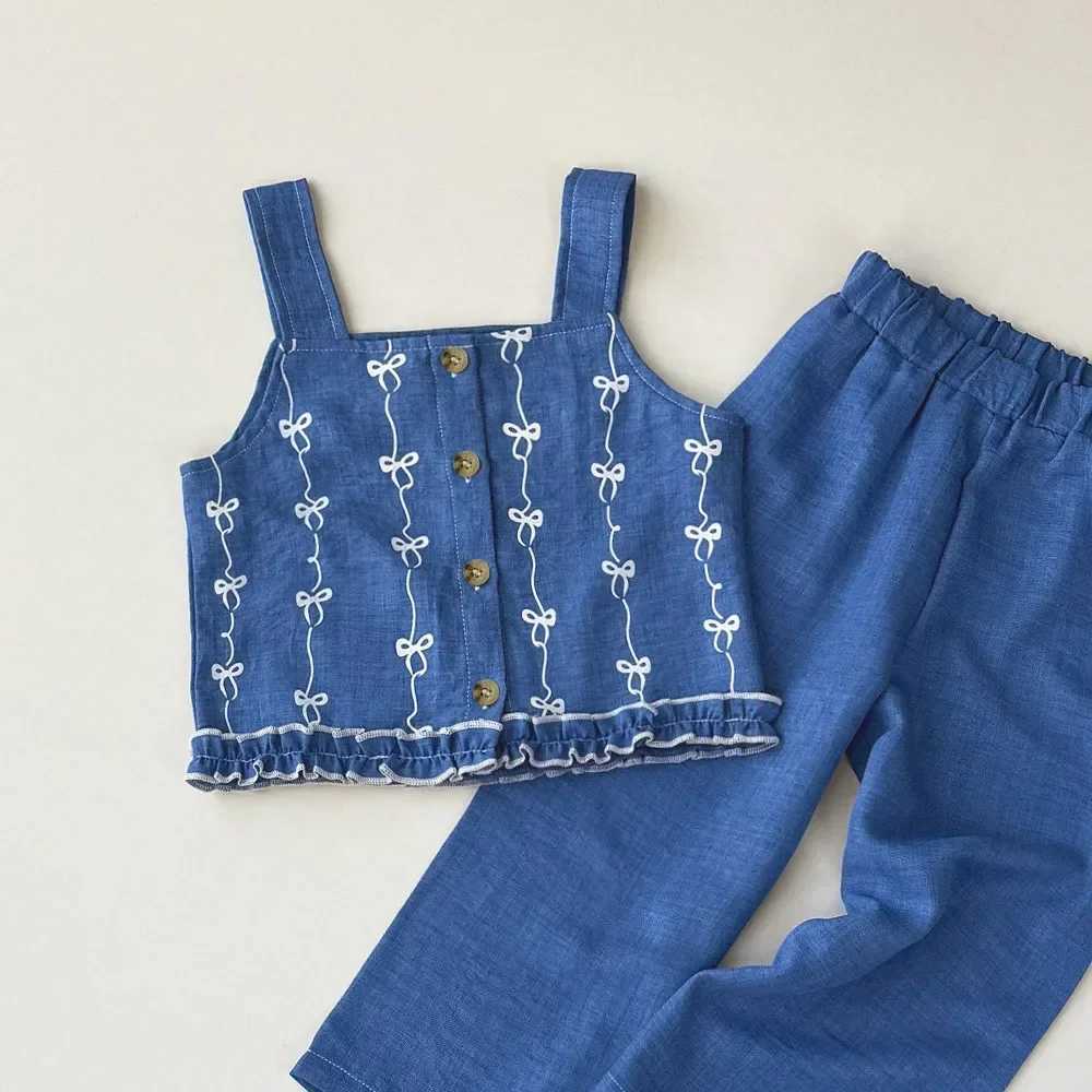 Summer new 2025 baby girl set imitates denim bow print sleeveless top and pants two-piece casual childrens clothingXJ250410