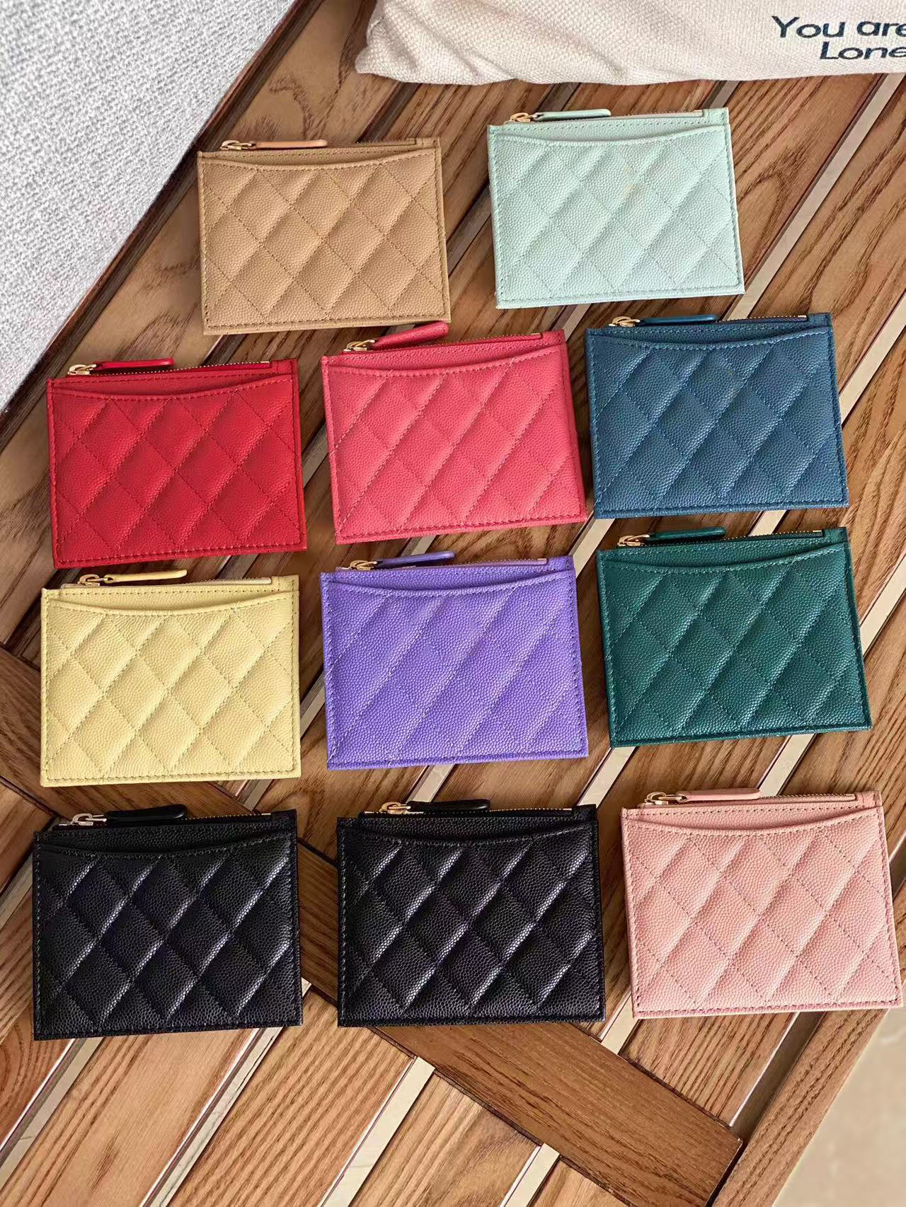 12A best quality women zipper card holder with box genuine leather caviar wallet black quilted coin purse lady credit card holder luxury designers 66
