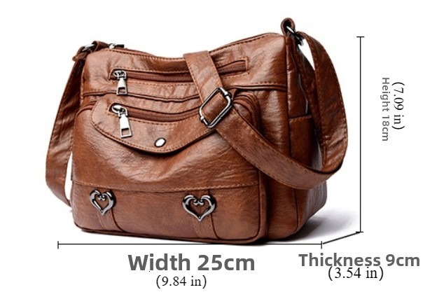 FL- Retro Multi Pockets Crossbody Bag, Soft Faux Leather Shoulder Bag, Heart Decor Purse For Women