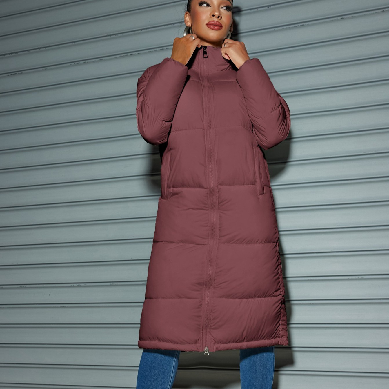 2025 Winter Long Robe Women's Fashion Zipper Solid Color Cotton Jacket Warm Coat