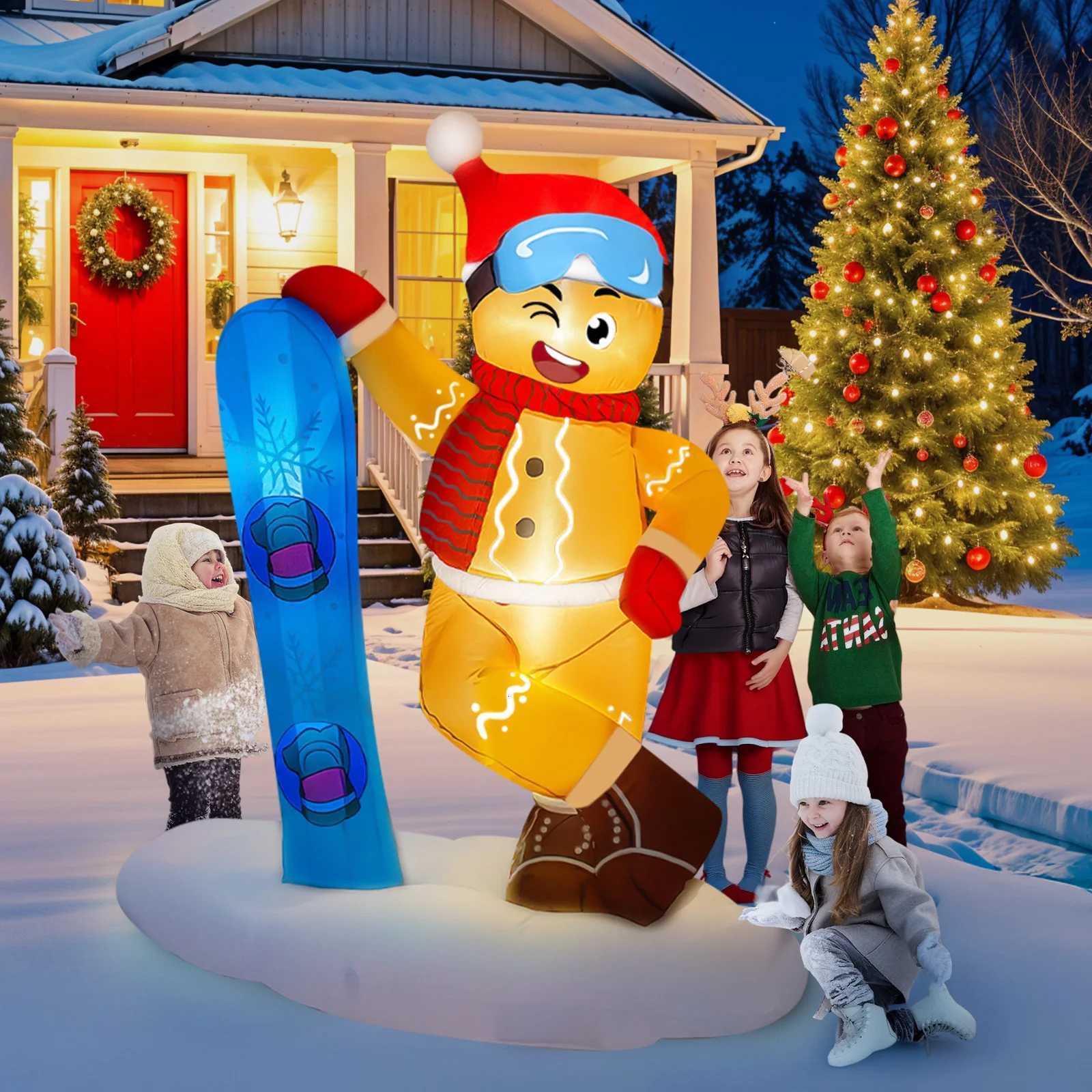 Christmas OurWarm 6FT Christmas Inflatable Outdoor Decor Skiing Gingerbread Inflatable Christmas Decor Gingerbread Blow Up Yard Decor Y251111