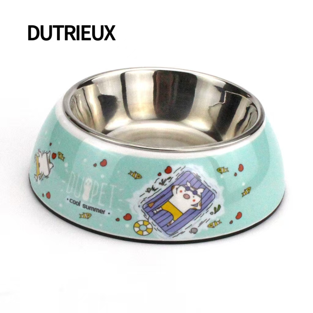K3331 Anti-spill stainless steel pet bowl, weighted non-slip base, cartoon pattern, supplier of food bowls for dogs and cats.