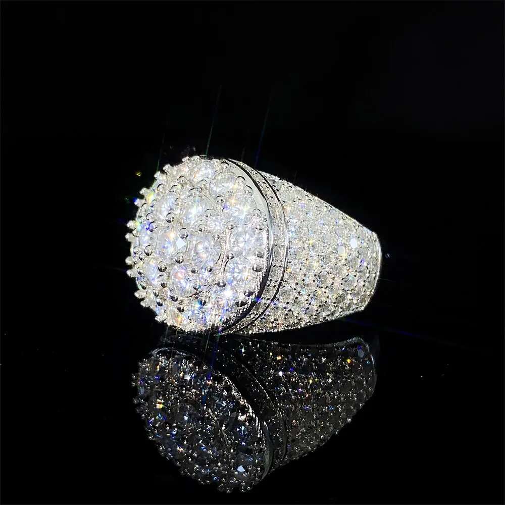 Full Moissanite Diamond Mens Solid Big Ring Hip Hop Rap S925 Silver Ring Plated White Gold Jewelry for Men