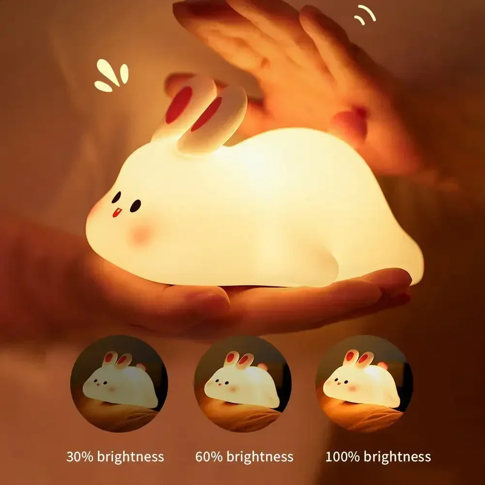 Cute Rabbit Silicone Night Lamp Touch Sensor Big Face Rabbit Pat Night Light Timing USB Rechargeable Light for Kids Gift 250410