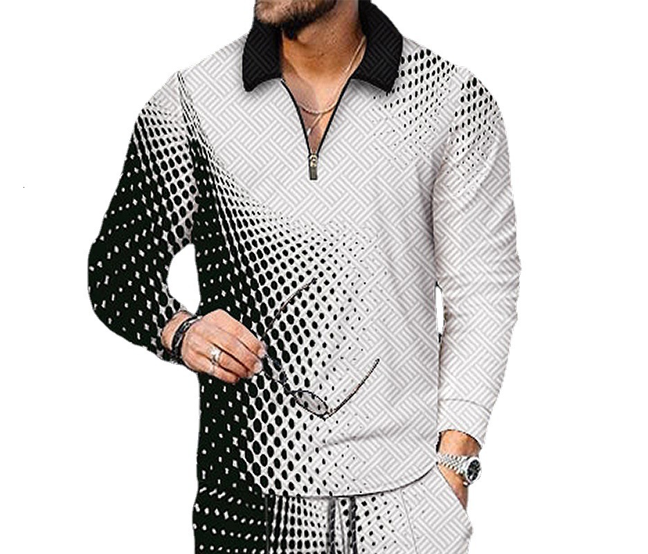 New mens printed polo shirt lapel long sleeve pullover casual mens T-shirt
