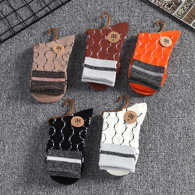 Men's Designer Sock 5 Pair Cotton Geometric Printed Fashion Luxury Brand Mid-Tube Socks Breathable Comfortable Versatile Sport Socks