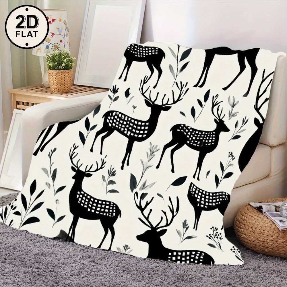 1pc Soft Flannel Blanket - Modern Nordic Deer Floral pattern in Black/White/ All-Season Luxury Throw for Living Room Bedroom C251111