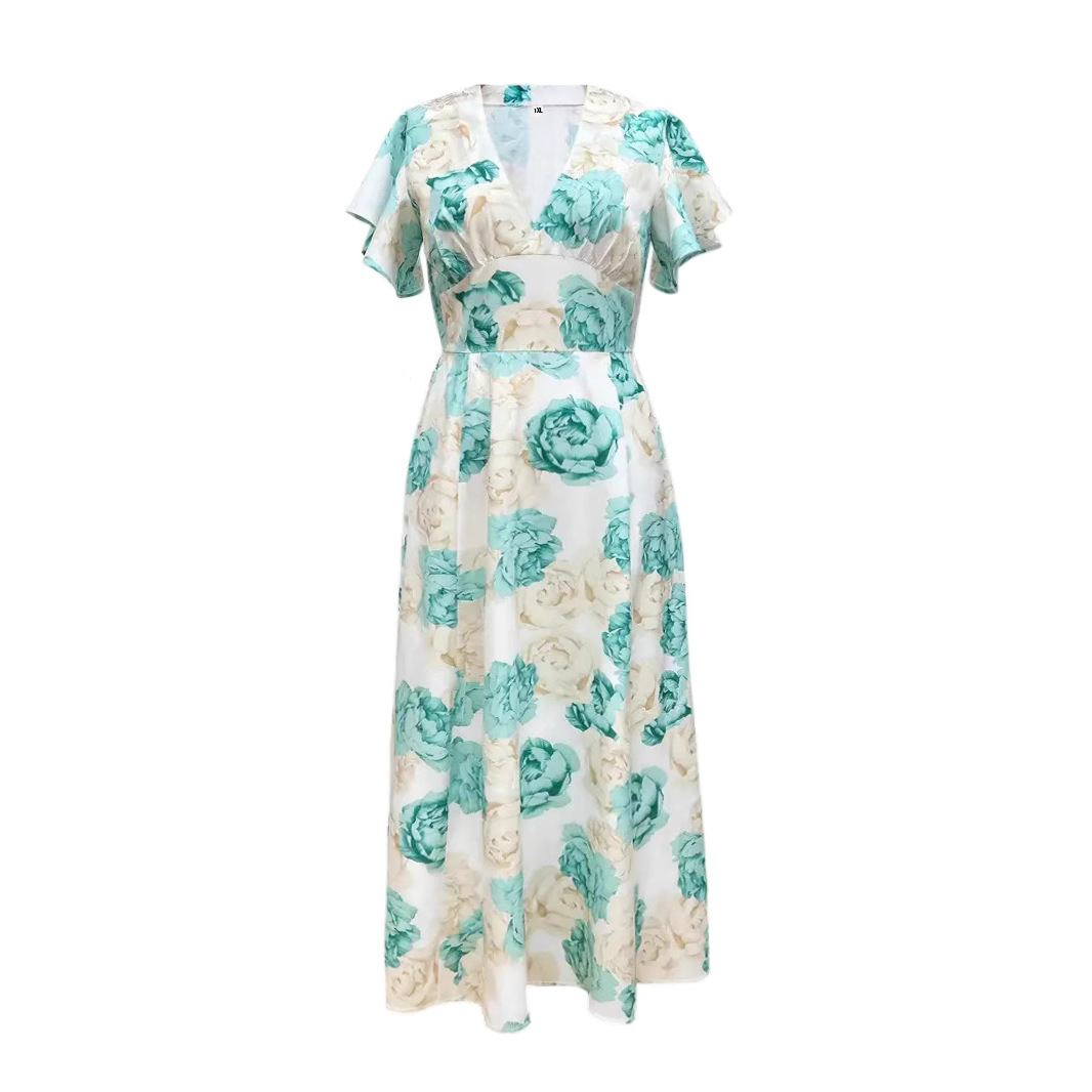B48Women's Plus Size V-Neck Long Skirt with Print - Stylish Swing Dress