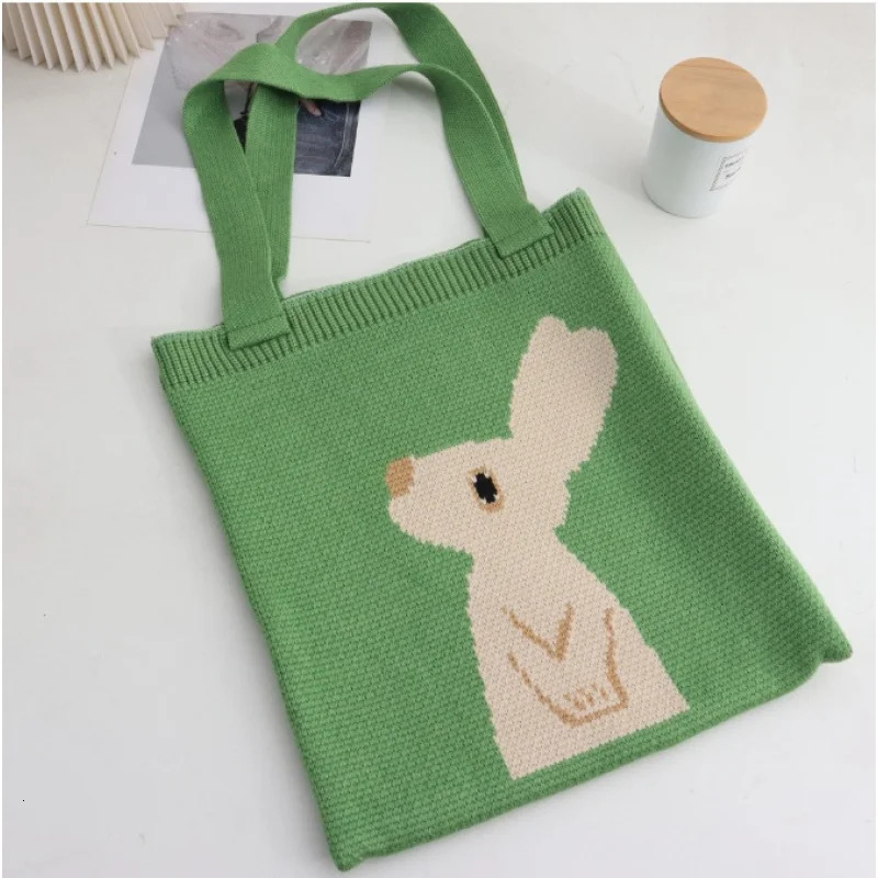 Knitted Bag Looking Up Rabbit for Women Large Capacity Green Cartoon Handbag Shoulder Tote Shopping 251110