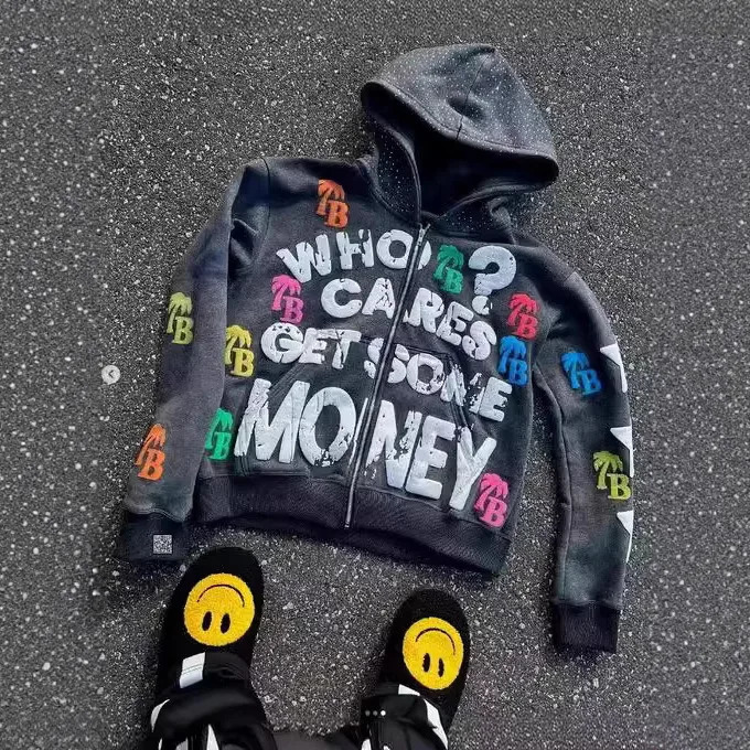 Y2K womens Harajuku Gothic casual American letter foam zipper hoodie mens loose fit retro street hip-hop style hoodie 251110