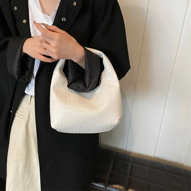 Retro Casual PU Leather Tote Woven Embossed Shoulder with Knotted Detail - Versatile Pleated Hobo Bag by R251111 XJ260206