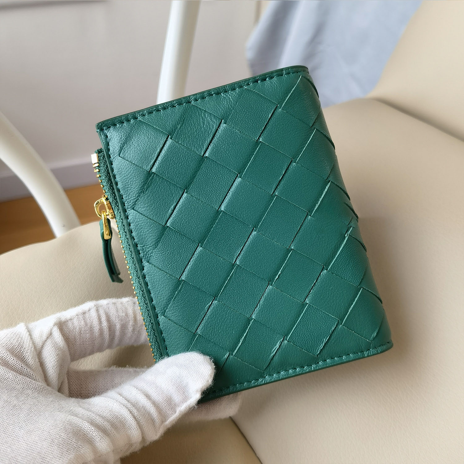 Sheepskin hand-woven short wallet coin purse zipper bag genuine leather billfold card holder integrated storage bag trendy