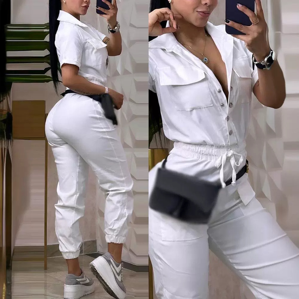 2024 fashion mature womens casual multi pocket waist elastic workwear jumpsuit