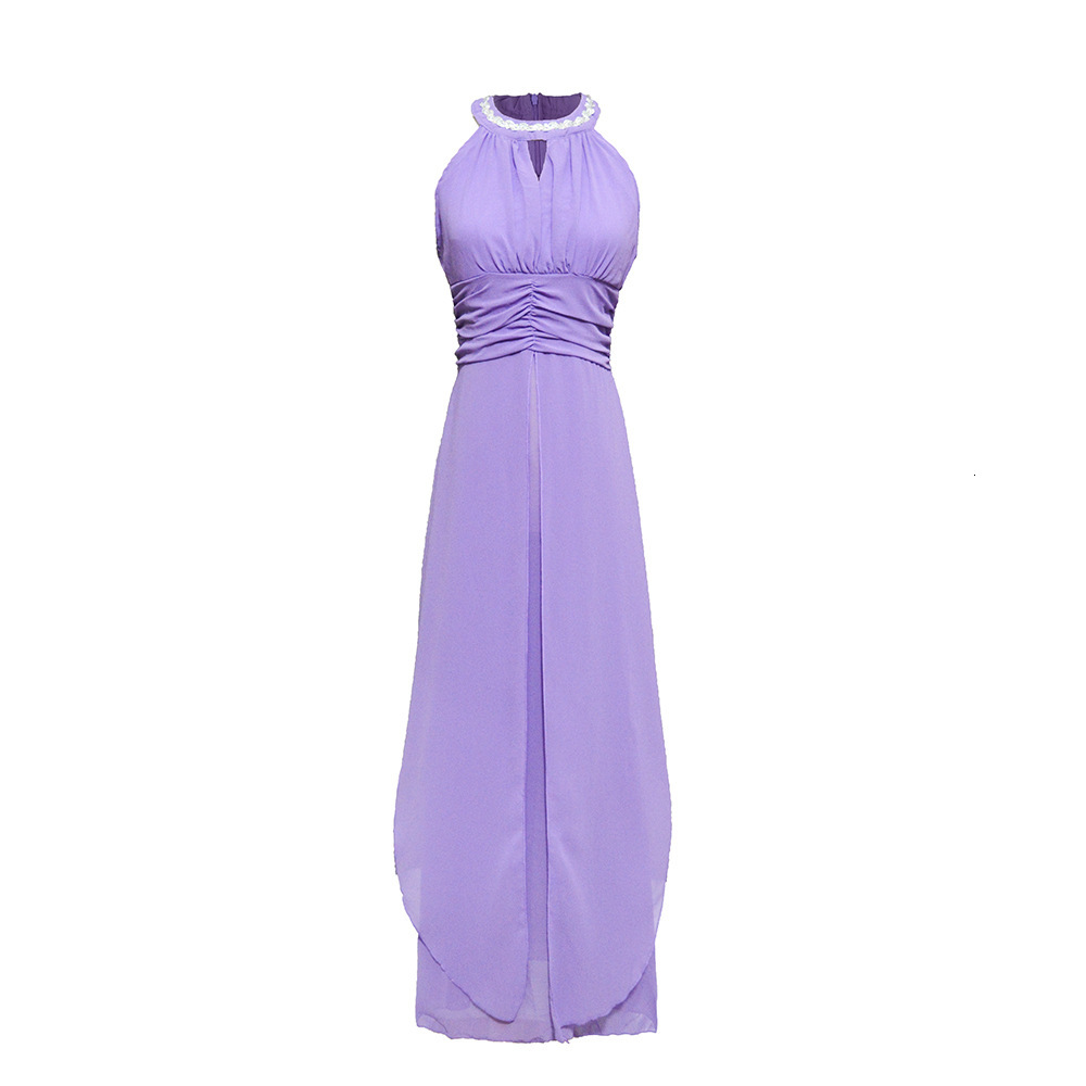 Explosive version hanging neck, nail bead, large swing, off shoulder sexy chiffon dress, long dress
