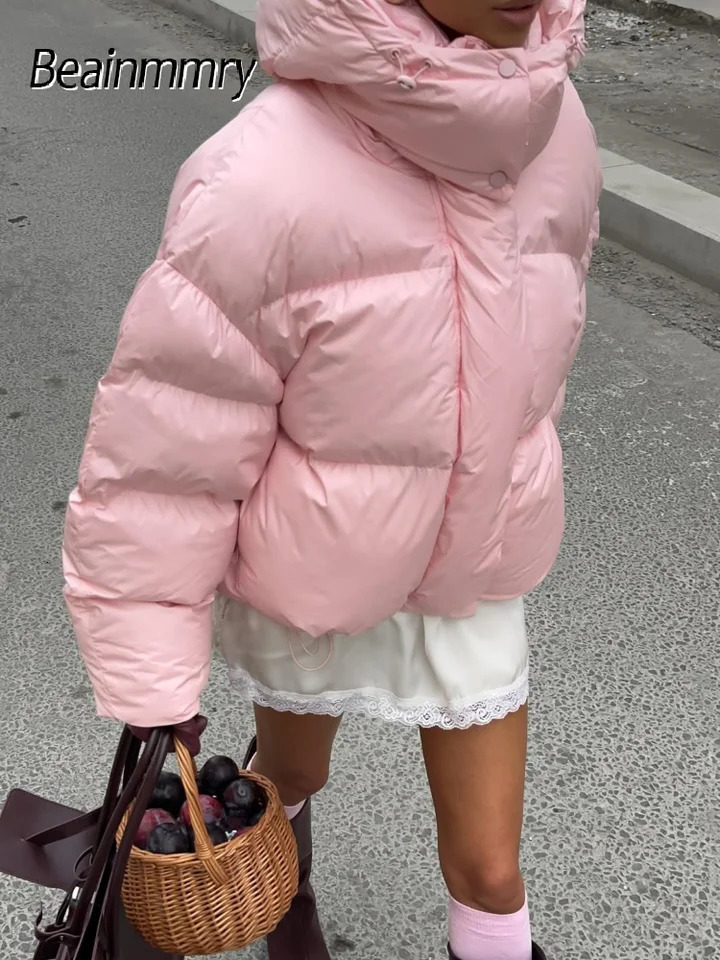 Casual Pink Hooded Cotton Jacket Women Fashion Solid Zip-up Loose Warm Outwear Lady Winter 2025 Daily Commute Street Jackets 251105