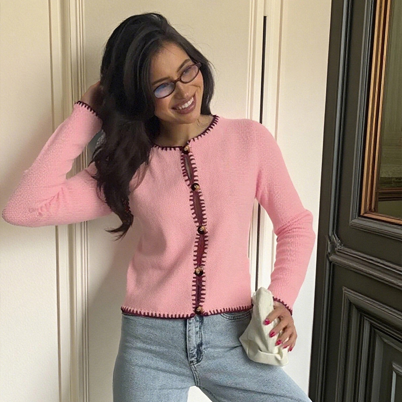 Women's color-block top, round-neck long-sleeved button-up sweater, color-block trim, popular in autumn and winter, casual streetwear---TVL083