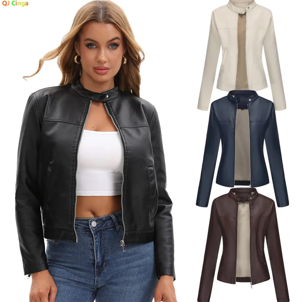 Black Womens Fitted Leather Jacket with Front Zipper Side Pockets Available in Brown Navy Blue and Beige 251103