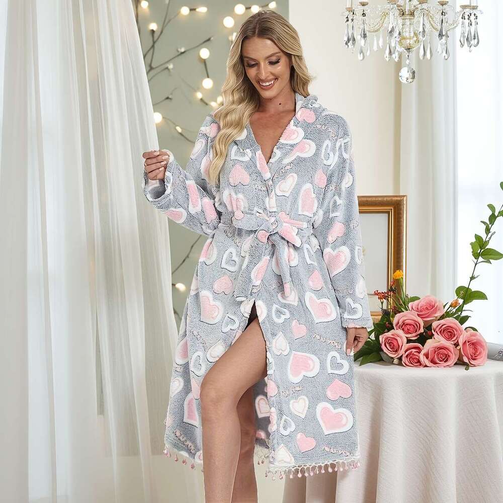 Women's Winter Pajamas Coral Fleece Thickened Sleeve 2025 New Hooded Robe Flannel Loungewear Long Style Warm Luxury
