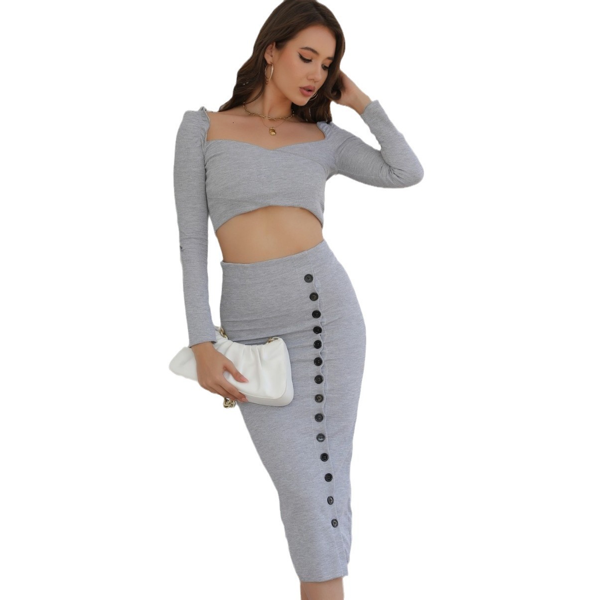 Sexy Spicy Girl Knitted Dress Set Autumn/Winter Long sleeved Short Open Navel Top+Wrapped Hip Split Skirt