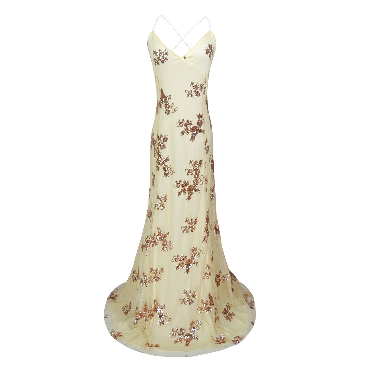 High end extended sequin mesh slimming tail sexy backless dress long skirt