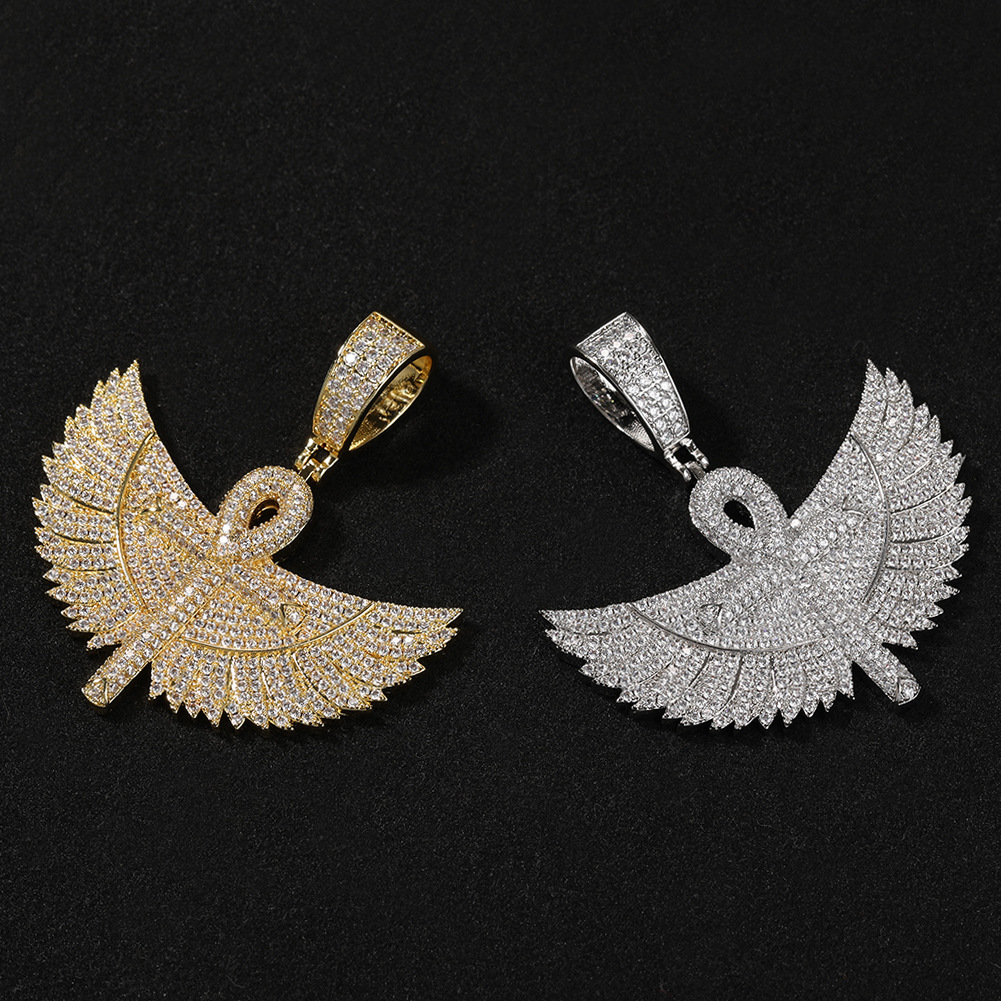 Hip Hop New In Large Ankh Cross With Wings Pendant Full Diamond Cz Stones 14k Real Gold Mens Rap Iced Out Cubic Zirconia Necklaces Punk Rock Collar Bi