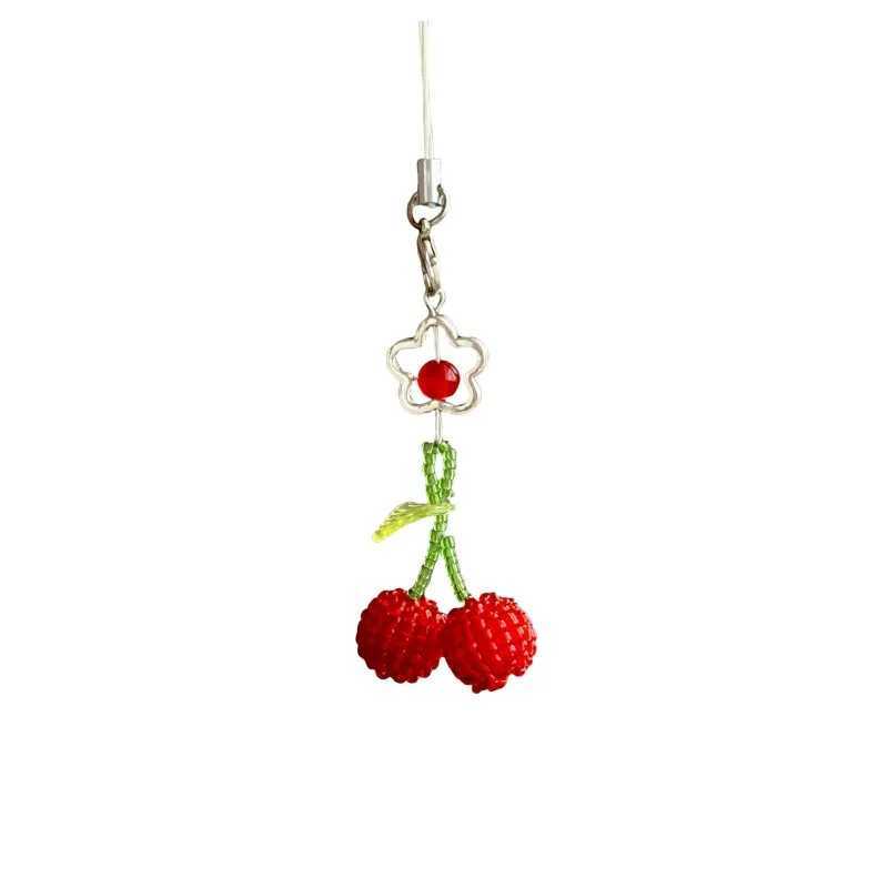 Simple and cute cherry phone pendant handmade bead decoration bag pendant keychain W250411